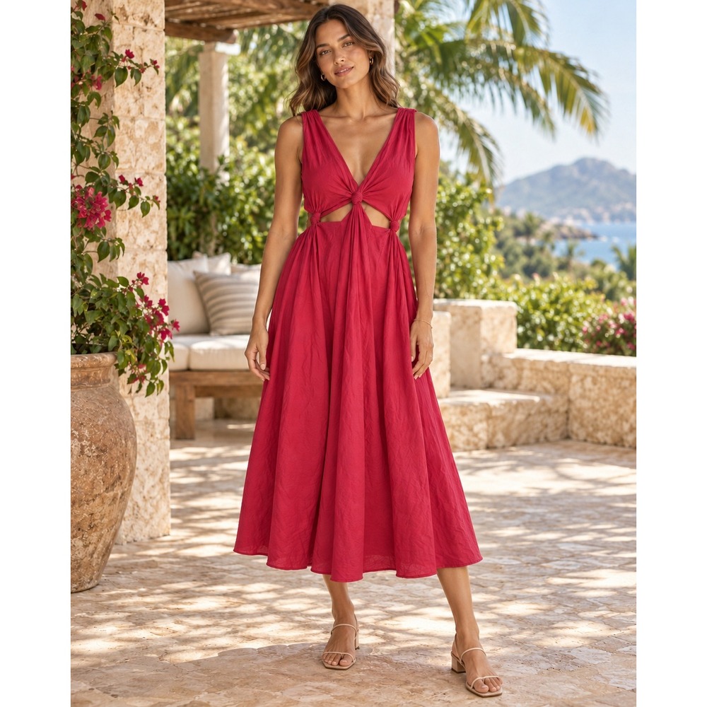 Farm Rio Red Cutout Knot Detail V-Neck Linen Blend Midi Dress Size M SN 305985